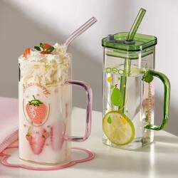 High Borosilicate Colored Glass Cup with Handle, Stylish Water Cup, Trendy Milk Straw Cup, Juice Cup, Square Shape, Heat-Resistant