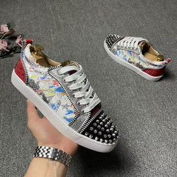 2025 Spring and Autumn New Style Studded Men's Shoes Genuine Leather Lace-Up Red Sole Shoes Casual Studded Sneakers Sports Internet Celebrity Trendy Brand Shoes