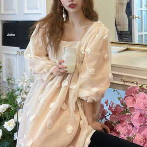 LASS LIZ Original Designer Store 2024 Spring and Summer Jacquard First Love Fairy Skirt High Waist Square Neck Long Sleeve Dress