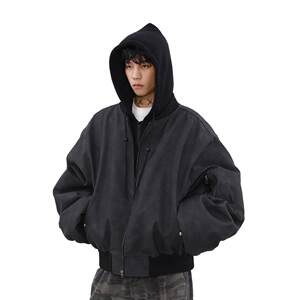 
MRNEARLY American retro fake two-piece bomber jacket trendy brand loose short hooded jacket for men spring and autumn
