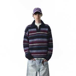 
MRNEARLY American retro contrast striped POLO collar sweater for men and women loose lazy style pullover sweater