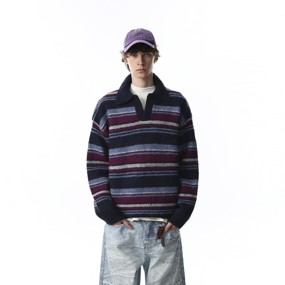 
MRNEARLY American retro contrast striped POLO collar sweater for men and women loose lazy style pullover sweater