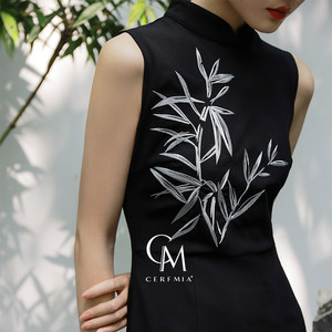 Little Deer Yaya <bamboo> Original design new Chinese national wind embroidered cheongsam sleeveless small black skirt and long skirt summer
