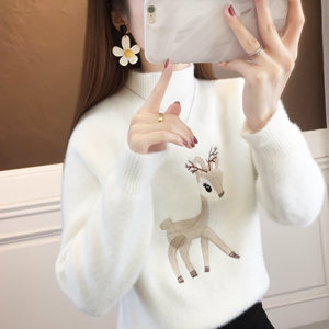 
Autumn and winter golden mink velvet thickened half-high neck students junior high school girls and college students versatile knitted sweater pullover short style
