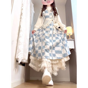 
Korean-style gentle and high-end design fake two-piece plaid patchwork dress with waist-slimming temperament and slimming A-line skirt