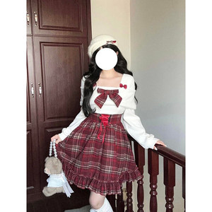 
2026 New Year atmosphere feeling short skirt sweet girl red plaid bow tie waist slimming high waist dress
