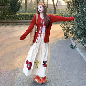 
Korean gentle and sweet outfit with a whole set of small red cardigan shawl sweater female student spring skirt