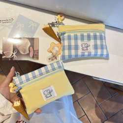 Creamy Yellow Plaid Storage Bag Coin Purse Portable Mini Bag Student Double-Layer Card Holder Document Bag