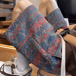 
Retro rhombus ethnic style shorts for boys summer loose straight pants trendy brand casual sports thin section pants