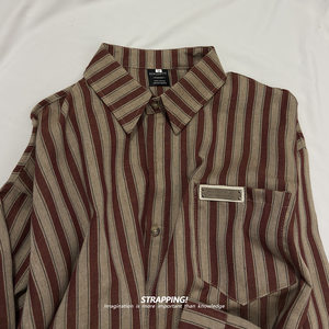 
STRAPPING American vertical striped cotton khaki long-sleeved shirt Hong Kong style retro Japanese style men and women spring and autumn street style
