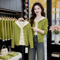 European Style Heavy-Duty 2026 Spring New Knit Cardigan with a Fake Two-Piece Design, High-End Feel, Stylish and Beautiful Women's Top