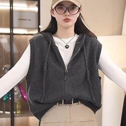 Fashionable and Versatile Knitted Hooded Vest for Women, Cardigan for Women, Autumn and Winter Drawstring Layered Vest, Knitted Hoodie Vest