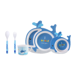 Cartoon Bamboo Fiber Bowls, Cups, Forks and Spoons 5 Pieces Children's Tableware