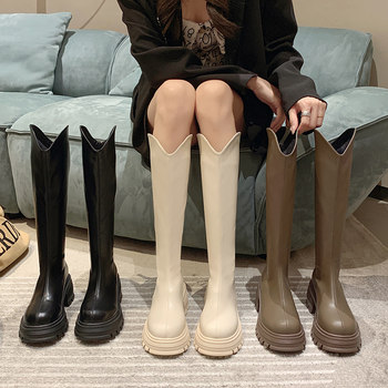 Long boots, small round head retro high -pipe knight boots
