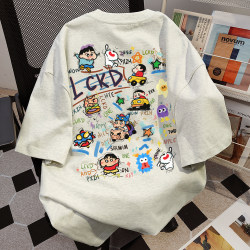 American-Style Pure Cotton ins National Trend Brand Printed Cartoon Short-Sleeve T-Shirt for Women, Summer Hip-Hop Heavyweight Loose Top