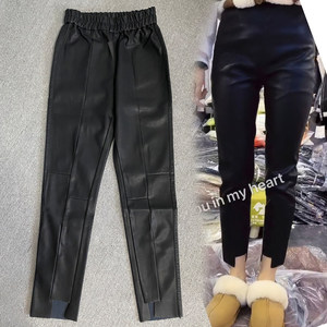 Autumn and winter new imitation sheepskin PU leather pants female loose waist irregular pants feet slim leggings nine -point pencil pants
