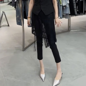 
European goods 2025 spring and summer new style lace splicing fake two-piece pencil pants for women, elastic and versatile, slimming and flesh-covering apron pants