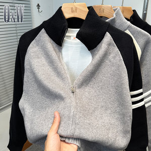 
Color-blocking ragdoll sleeves half turtleneck cardigan men's autumn and winter Korean loose tb sweater knitted jacket sports and casual