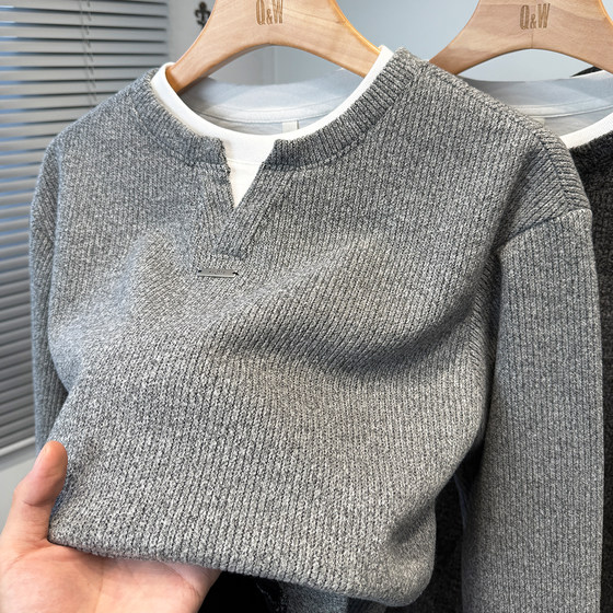 
Double-layer collar fake two-piece sweatshirt for men plus velvet and thickened Korean style casual knitted t-shirt for men to wear under the pullover