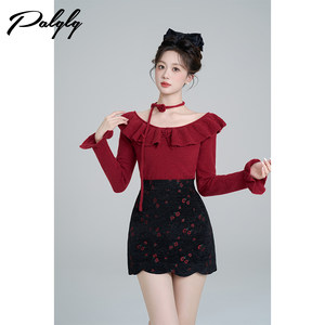 
French one-shoulder red pullover sweater for women thin autumn temperament small fragrance style slim sweater top
