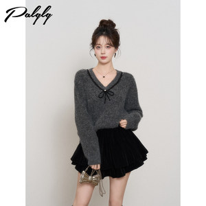 
Lazy style sequined gray v-neck pullover sweater for women loose autumn and winter high-end sense small person bottoming knitted top