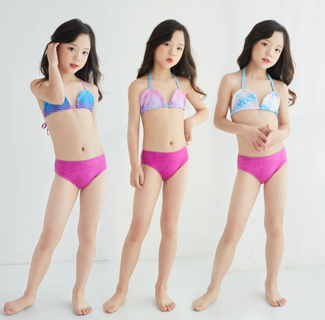 Foreign trade European and American children's swimwear girl swimwear cute Bikini suit Mermaid split small middle school children
