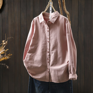 
Pink shirt women's pure cotton 2026 new spring brushed solid color literary simple loose versatile long-sleeved shirt
