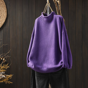 Purple half turtleneck cotton thread sweater for women loose large size meat covering autumn casual versatile pullover knitted thread