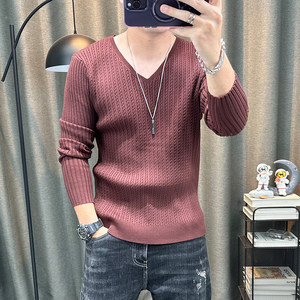 
V-neck long-sleeved sweater for men in autumn and winter new elastic slim solid color sweater with base layer sweater top