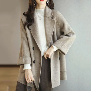 Korean style woolen jacket for women in autumn mid-length small loose suit collar double-breasted fashionable high-end trench coat