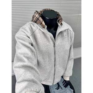 
Hooded short woolen men's autumn and winter plaid splicing fake two-piece couple cotton jacket jacket loose lapel