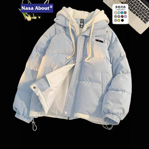 
Fake two-piece joint cotton-padded down jacket for women, winter American trendy brand couple bread cotton-padded jacket with zipper pocket