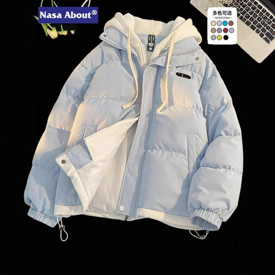 
Fake two-piece joint cotton-padded down jacket for women, winter American trendy brand couple bread cotton-padded jacket with zipper pocket