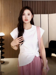 2024 Summer New French Style Irregular Design Top with Rose Pleats, Small Flutter Sleeves, Slim Fit Short-Sleeve T-Shirt for Women