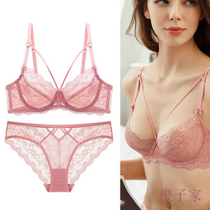 
Sexy ultra-thin breathable large size lingerie suit fat mm big breasts show small DE cup girl lace bra pink
