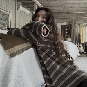 JMWOMEN brown and pink retro contrast striped half-turtleneck sweater for women in winter loose, lazy and versatile top