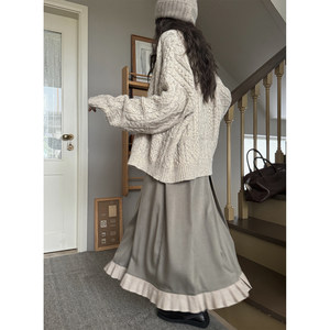 
JMWOMEN Rice paste Houcha Island retro twist twisted sweater women's winter loose thick knitted cardigan jacket