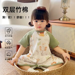 
Baby bamboo cotton short-sleeved sleeping bag baby double-layer gauze nightgown summer ultra-thin nightgown air-conditioned parent-child mother one-piece
