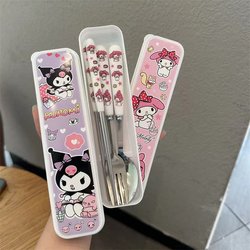Three-Piece Cutlery Set in a Box, Spoon, Fork, Chopsticks, Kuromi, Cinnamoroll, Student Portable Stainless Steel Cute Set