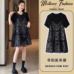 
Maternity dress 2026 new summer black short-sleeved thin style fashionable loose slimming stitching fake two-piece mid-length style