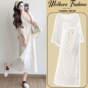 
Maternity suit 2026 new spring and autumn fashionable and fashionable apricot lace knitted blouse vest skirt two-piece set