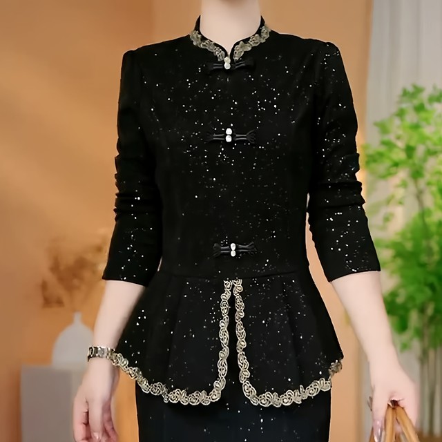 Autumn women's new Chinese style double button shiny shiny top for Autumn women's clothing without velvet