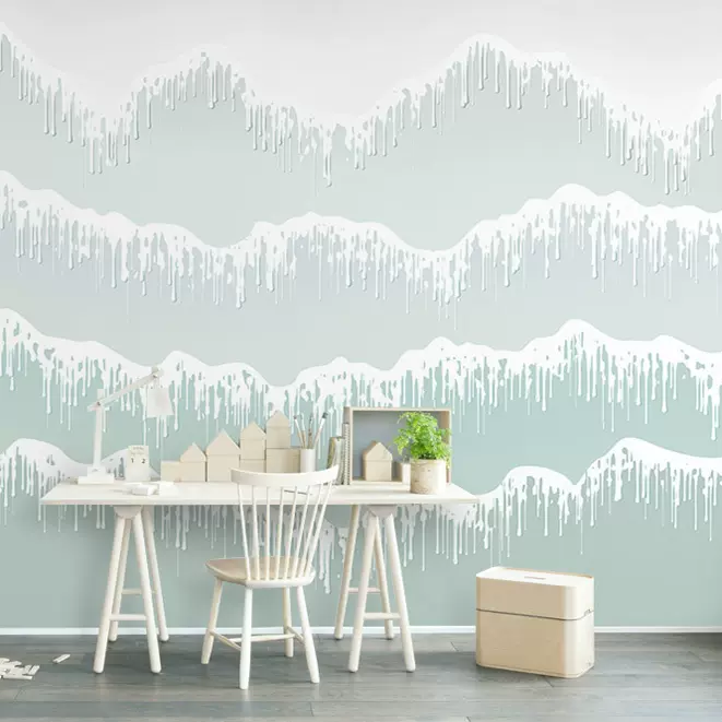 個性定製不織布壁紙清新水藍色波浪山電視背景牆布壁紙無縫壁布 Taobao
