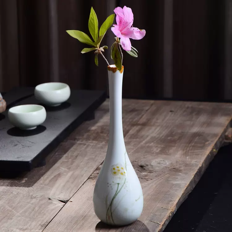 玉净瓶茶道花插花器家居摆件滴水瓶陶瓷小花瓶观音瓶