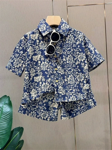 Tide, детский костюм мальчика цветочника, летняя летняя одежда, рубашка, нарукавники, комплект, коллекция 2023, в западном стиле, популярно в интернете, короткий рукав