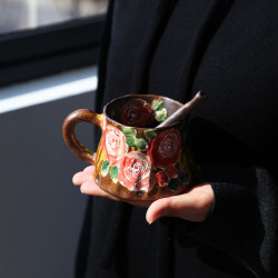 Black Pottery Hand-Painted Rose Coffee Cup with Yellow Background, Milk Cup, Tea Cup, Water Cup, Jingdezhen Ceramic Underglaze Colored Cup