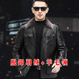 The leather head layer pure calf leather coat men's middle -aged leather jacket hunter can remove down the down inner bile wool collar
