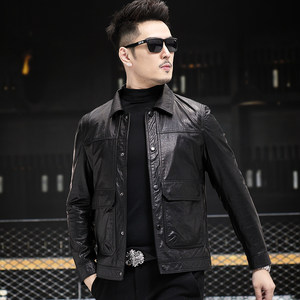 Genuine Leather Jacket Men's Waxed Top Layer Calfskin Short Leather Jacket Lapel Collar Wool Collar Detachable Down Liner