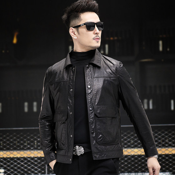 Genuine Leather Jacket Men's Waxed Top Layer Calfskin Short Leather Jacket Lapel Collar Wool Collar Detachable Down Liner