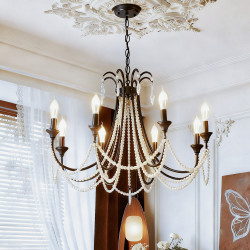 Black French Retro Chandelier, High-End Imitation Pearl Crystal Living Room Lamp, American Mid-Century Style Study Bedroom Lamps